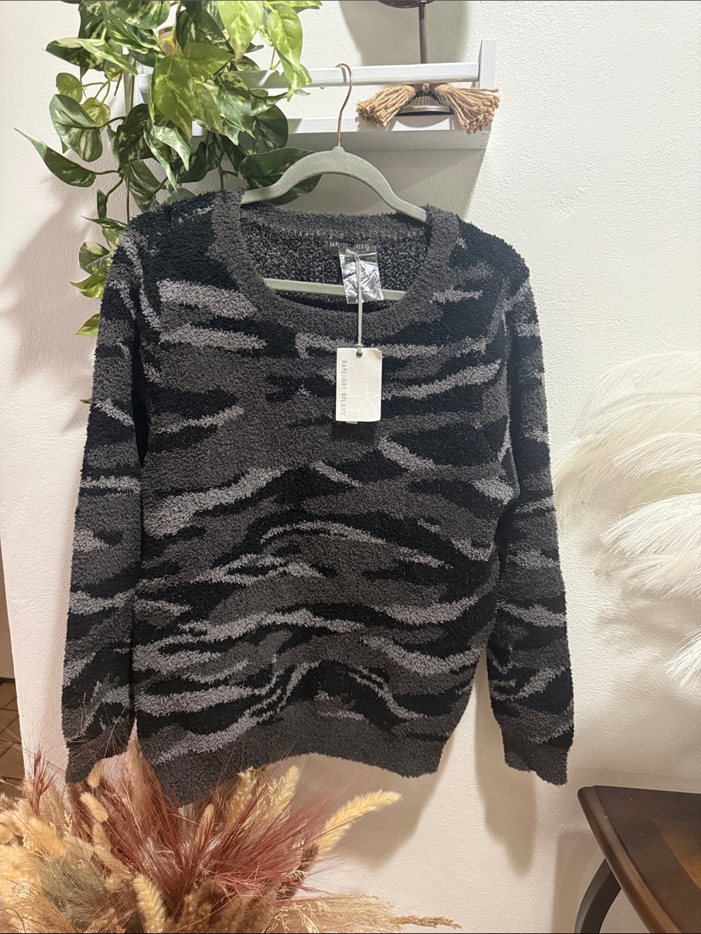 Barefoot Dreams Cozychic Crewneck Sweater in Black and Gray Zebra